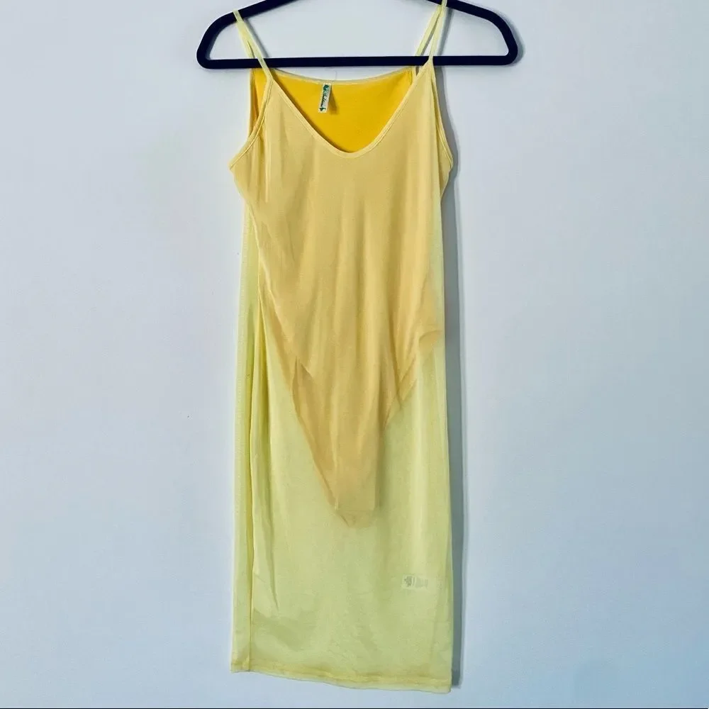 Womens Bodysuit Dress Small Yelow Mini Mesh Tank Club Sexy Beach Tropical NEW - Picture 2 of 3